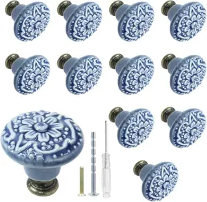 Cabinet Knobs 12 Pcs Light Blue Vintage Round Ceramic and Pulls Drawer Cupboard Closet Door