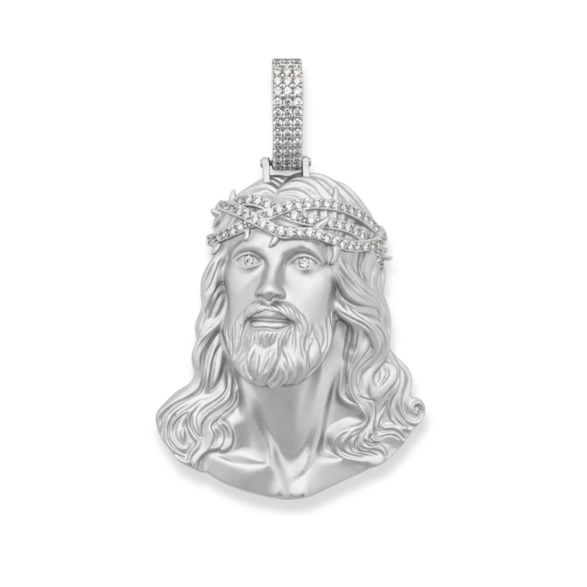 Moissanite Jesus Head Piece Pendant - Solid 925 Sterling Silver Matte Sandblasted Finish Religious Hip Hop Jewelry for Men or Women