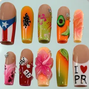 Puerto Rico Tropical Press-On Nails, Hibiscus Flower & Mango Gradient Design, Avocado Fruit Accent, Domino Art, Colorful Caribbean Summer Handmade Nails