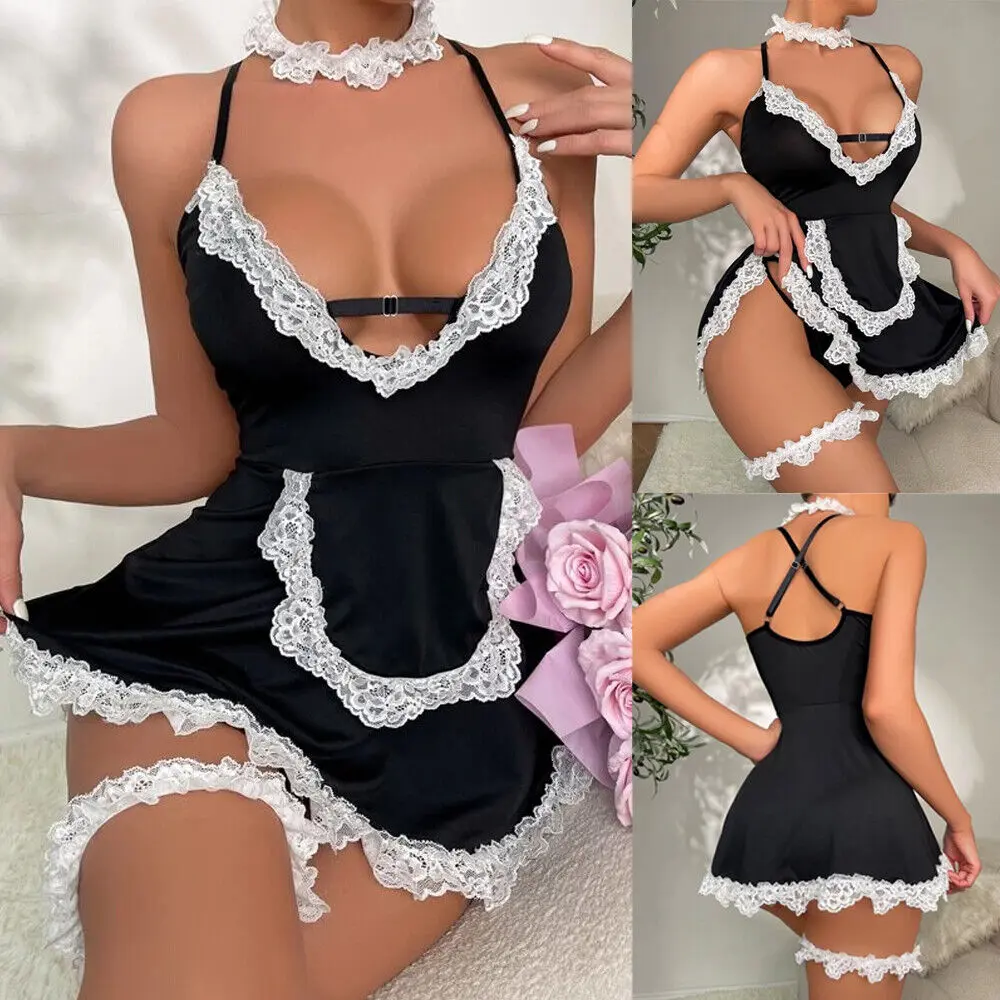 Women's Maid Cosplay Nightwear, Soft and Comfy Floral Lace Babydoll Lingerie Set with Apron, Choker, and Cuffs