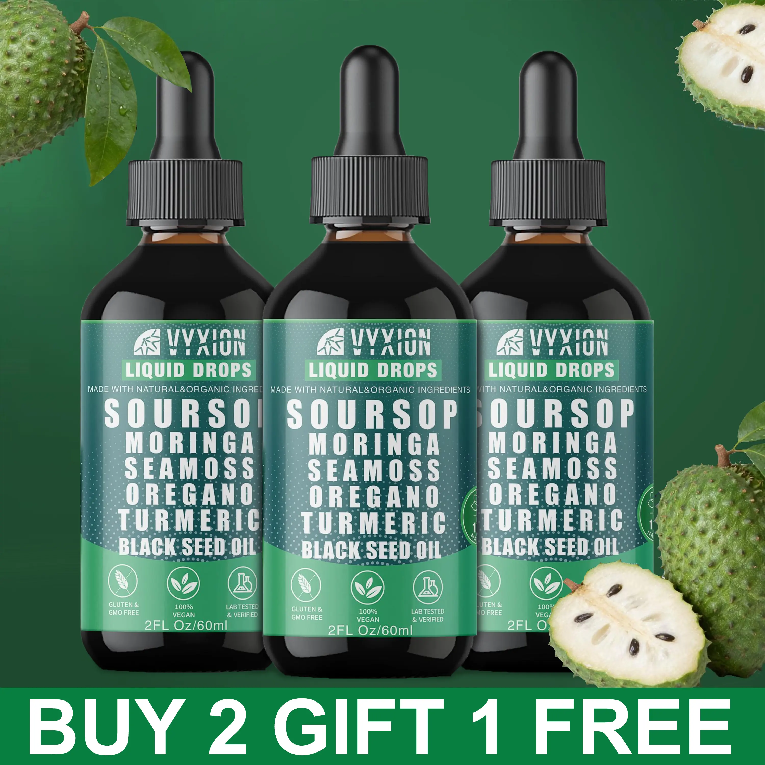 VYXION 10 In 1 Soursop Liquid Drops, ALL-IN-ONE Extract - Seamoss,Moringa,Black Seed Oil,Turmeric,Oregano Liquid,Multi-Vitamin Drops for Immune System and Gut Health Support (BUY 2 GIFT 1 FREE)