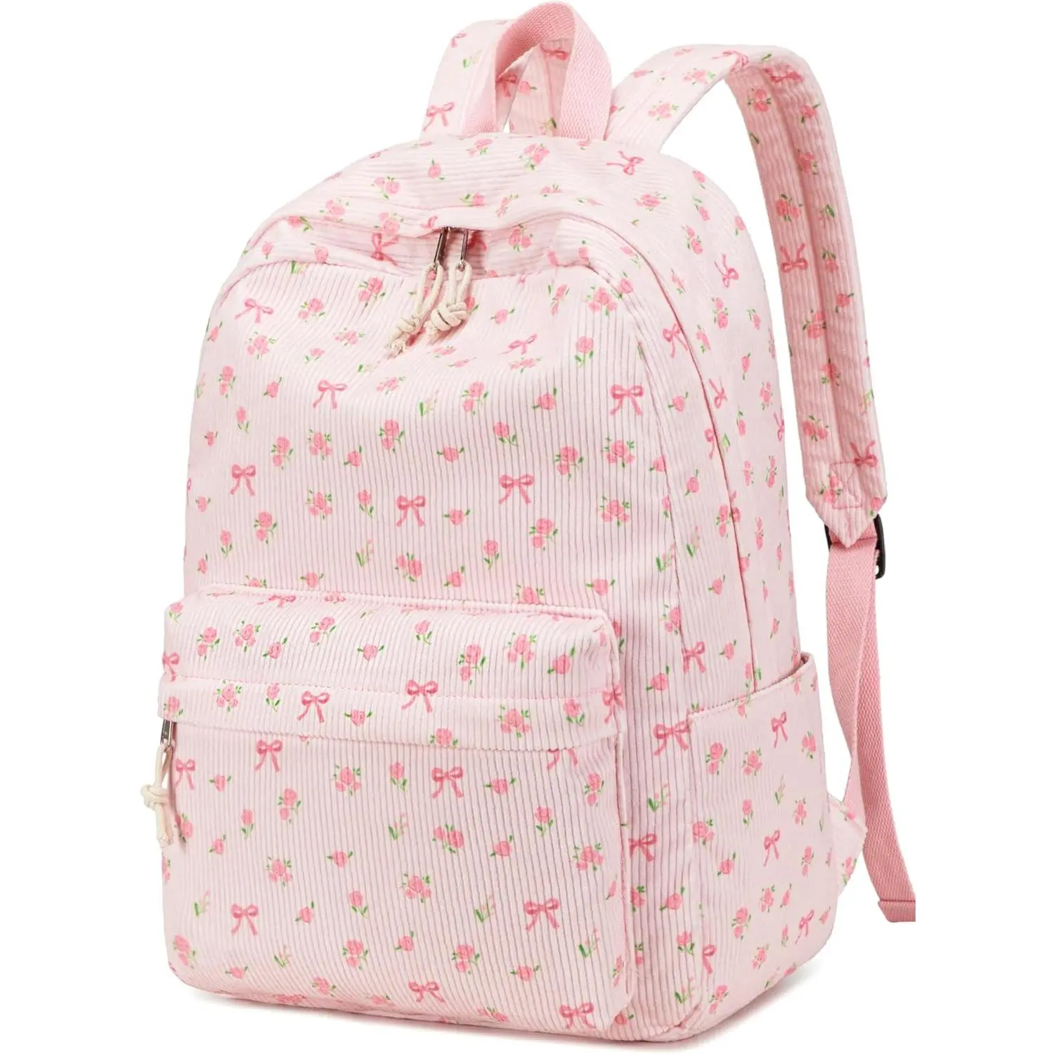 BTOOP School Backpack for Girls Teens Large Corduroy Bookbag Lightweight Casual High School College Backpacks 17 inch Laptop Travel Bag (Pink Bow Floral-1)