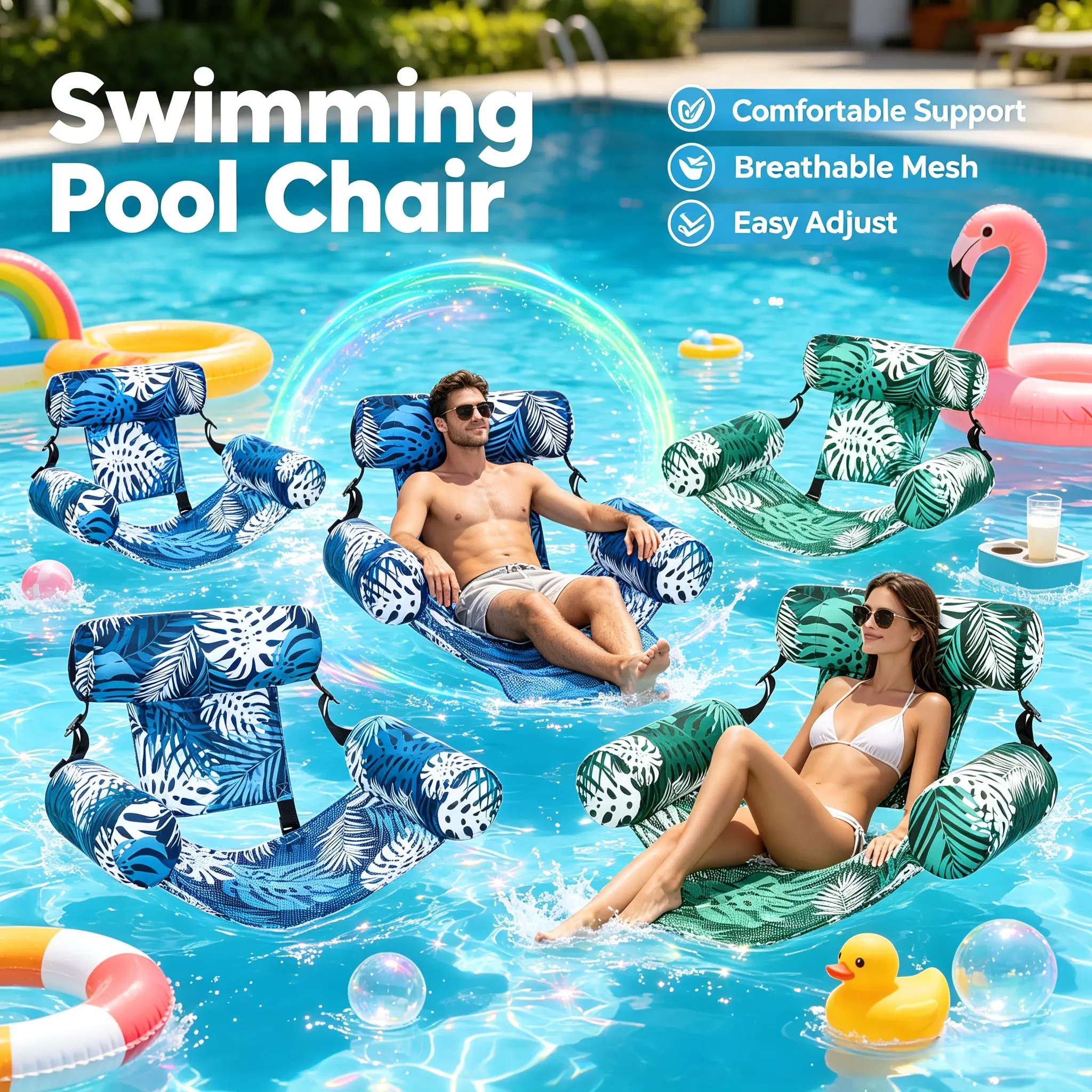 Adult Inflatable Floating Recliner Water Hammock - Tropical Monstera Print, Heavy-Duty Portable Raft, Padded Backrest, Quick-Dry Mesh, Summer Essential for Pool & Lake Activities