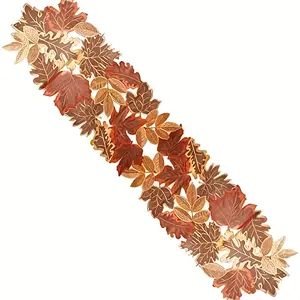 [Elegant Table Runner] Elegant Brown Maple Leaf Table Runner with Golden Accents - Polyester, Rectangular, Perfect for Thanksgiving and Fall Decor, Thanksgiving Table Decor|Elegant Table Setting|Polyester Table Runner