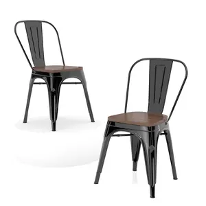 Ferroiarea 2-Pieces Black Wooden Seat Metal Dining Chairs with Backrest – Sturdy Kitchen Chairs for Dining Room, Indoor Stackable Chair Set