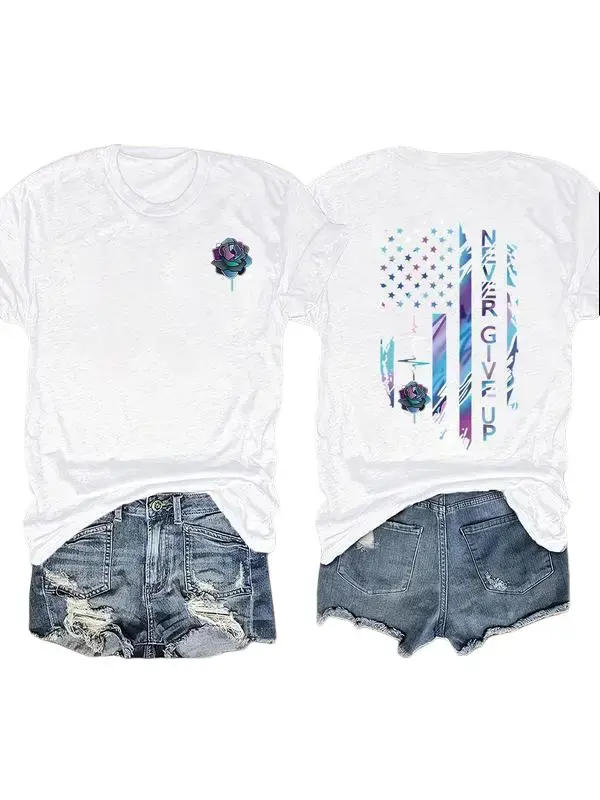 Women's Vintage Floral & American Flag Graphic Short-Sleeve Cotton Round Neck T-Shirt - Soft, Essential Everyday Women's Fashion Tops, Shortsleeve, Shirts For Women