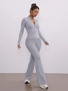 Elegant Striped Zipper Design Top + High-Waisted Flared Pants Set, Casual Fitted for All Seasons, Unique Style