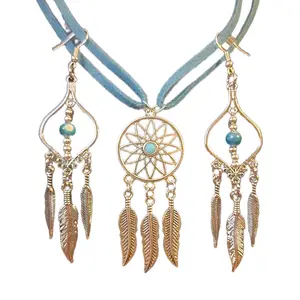 Dream Catcher Necklace and Earrings Set - Blue Cord, Feather Pendants, Round Pendant Design