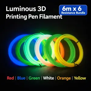 6-Pack Glow-In-The-Dark 3D Printer Pen Filament, 1.75mm Pla Eco-Friendly Thread, Single Color 6m X 6 Total 36m, Compatible with Mainstream 3D Pens