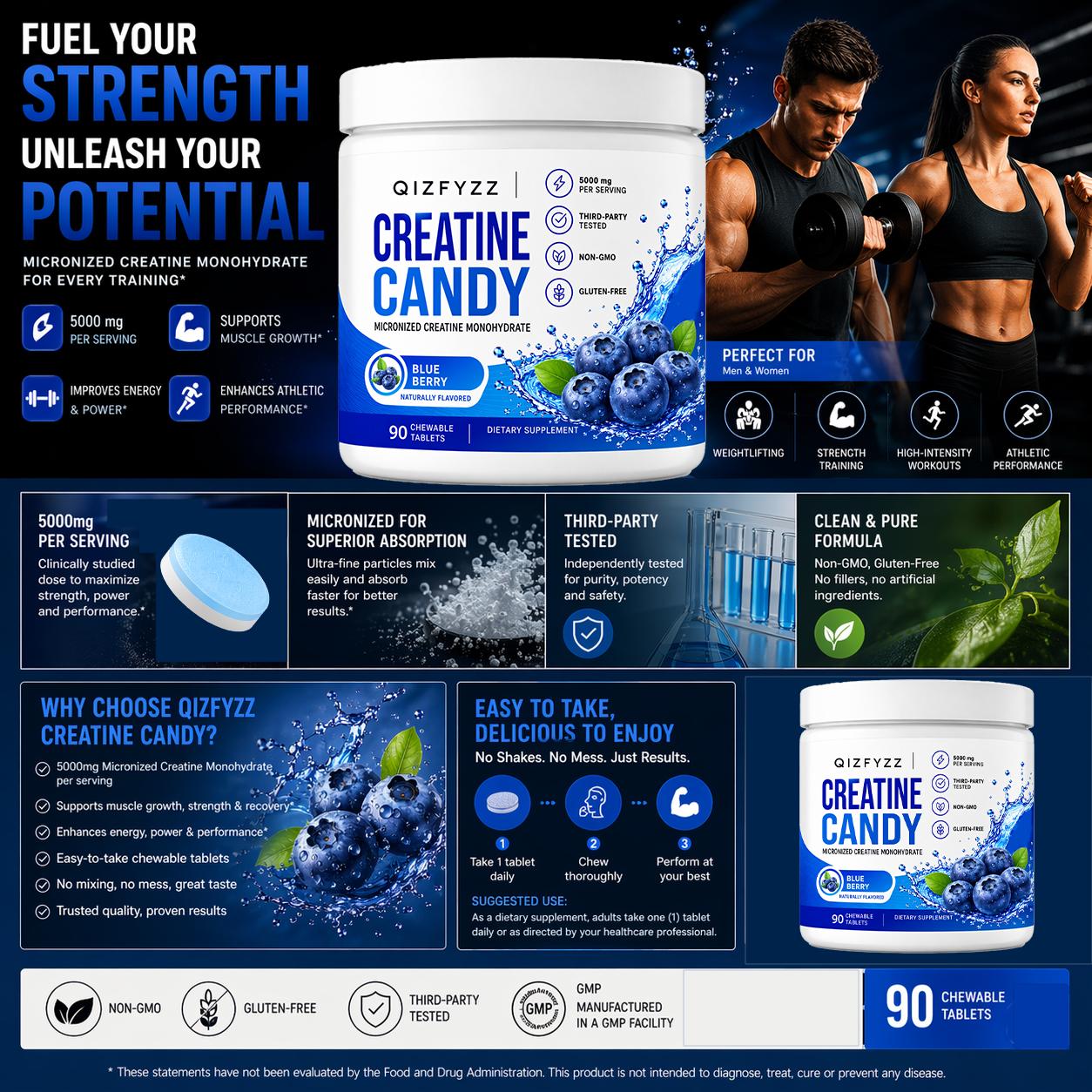 Creatine Candy Chewable Tablets 5000mg Per Serving, Micronized Creatine Monohydrate, Blueberry Flavor, 90 Count, Non-GMO, Gluten-Free, Workout & Muscle Support Supplement