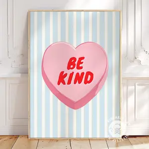 Be Kind Wall Art Print, Heart Design Girls Room Poster, Trendy Positive Quote Wall Art, Aesthetic Home Decor, Unframed