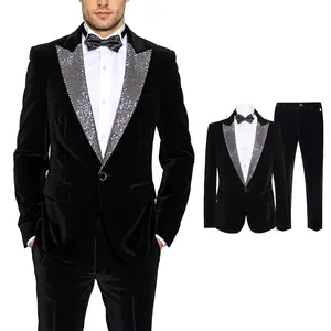 Men’s Velvet Tuxedo Suit Set – Slim Fit Blazer and Pants with Sequin Shawl Lapel, Formal Outfit for Wedding, Prom & Party