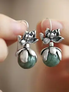 Vintage Ethnic Style Silver Color Round Bead Lotus Flower Drop Earrings, Suitable for Women Formal Occasions Daily Wear Gifts