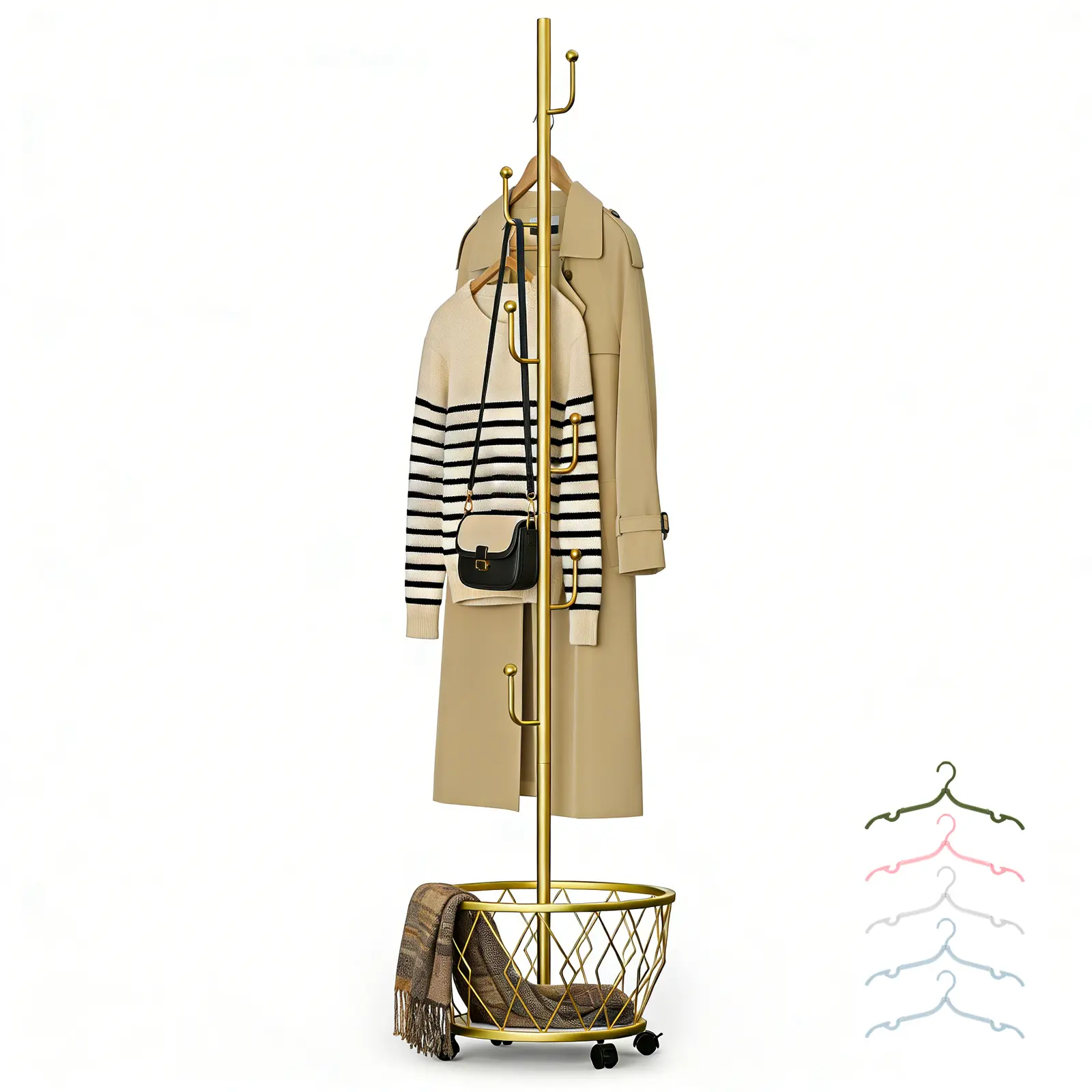 Cactus shaped Freestanding Metal Coat Rack Stand with Basket Modern Organizer for Scarf Jacket Hat Bags Ideal