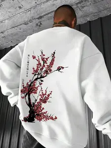 Men's Plum Blossom Tree Print Drop Shoulder Fleece Sweatshirt, Loose Casual Long Sleeve Round Neck Pullover for Fall & Winter, Men's Clothes for Daily Wear