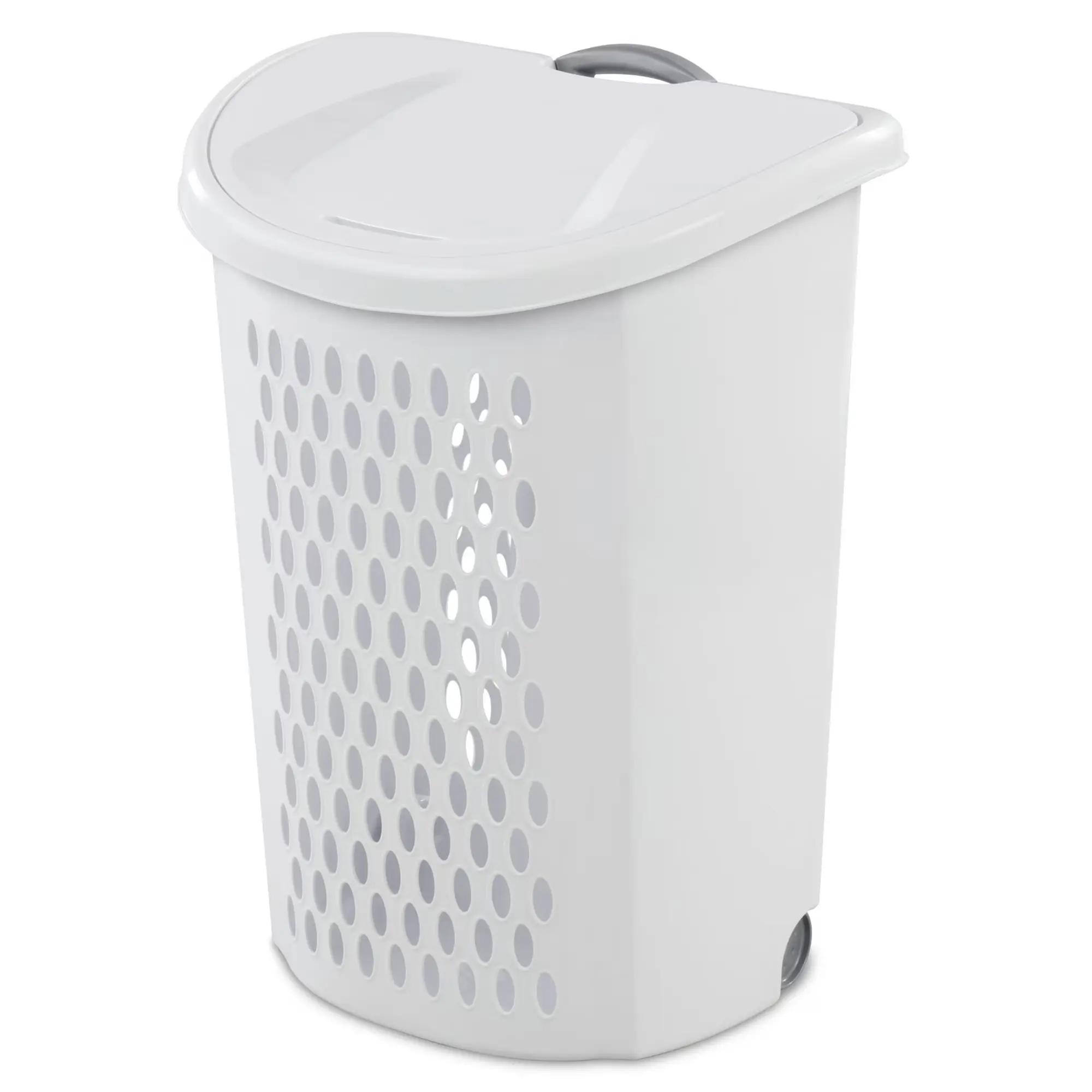 2-Bushel Rolling Laundry Hamper with Wheels and Lid, Plastic Clothes Basket with Retractable Handle, White