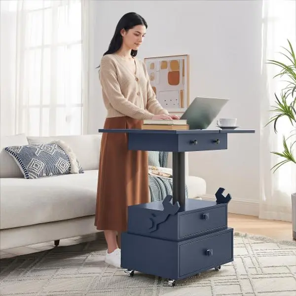 Bellemave High-Gloss Lacquered Adjustable Height Rolling End Table - Charging Station, Lockable Wheels, Lift Top, Storage Drawers, 4-in-1 Ergonomic Convertible Desk Stand Adjustable Lift Coffee Table for Living Room, Bedroom, Adjustable Lift Coffee Tables