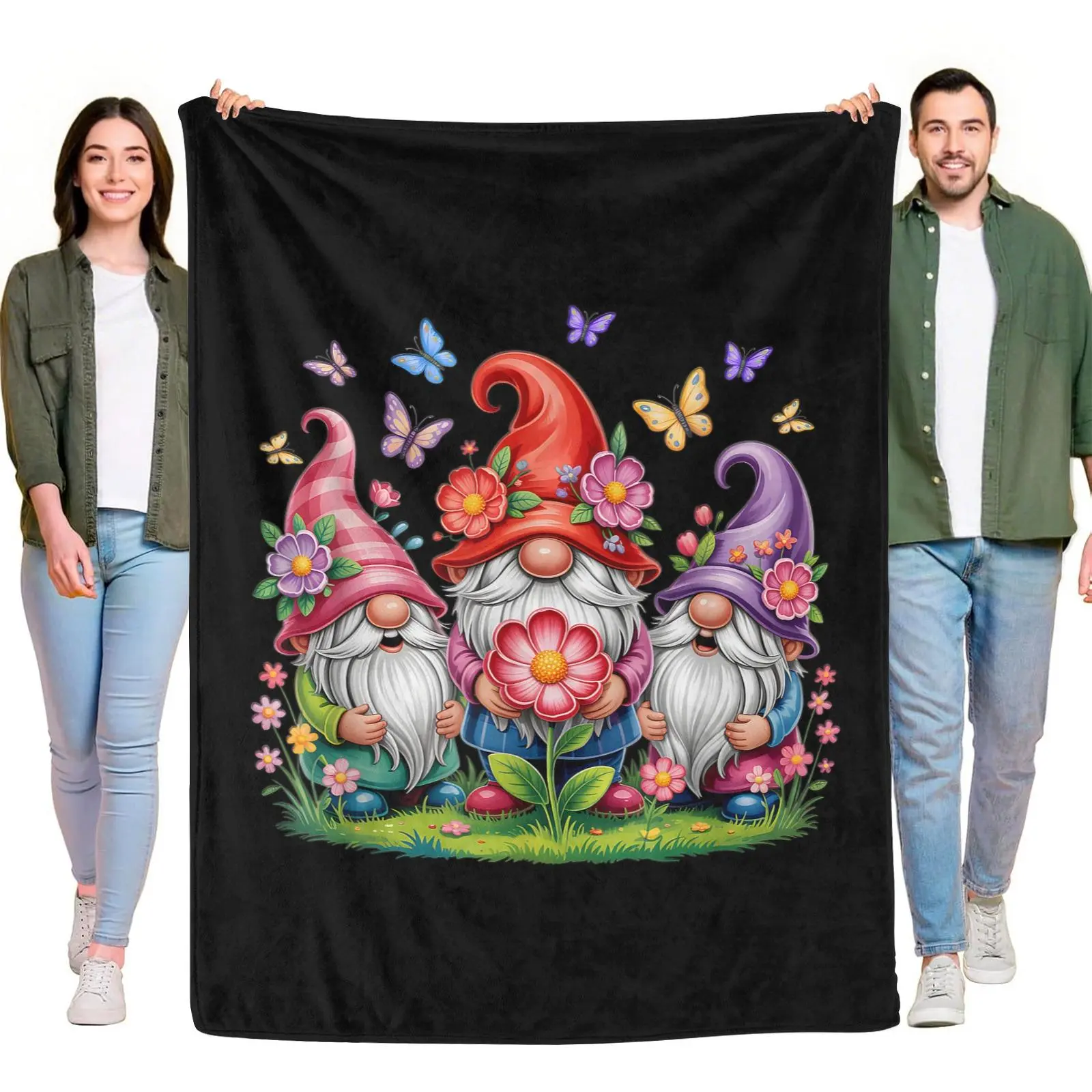 Three Colorful Garden Gnomes Flowers And Butterflies Black Background Flannel Throw Blanket Spring Floral Gnome Soft Warm Blanket Bedroom Decor