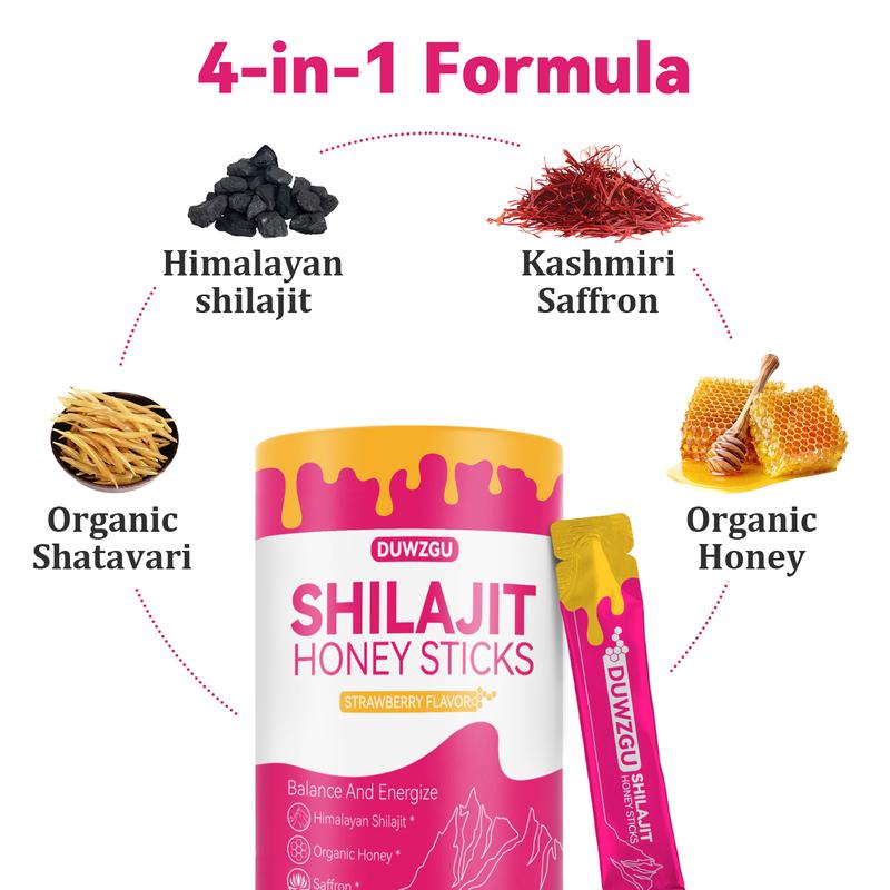 Shilajit Shatavari Saffron Feminine Honey Sticks |Hormonal Balance & Energy | Strawberry Flavor | Multi-Mineral Dietary Supplement