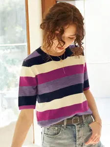 Women's Striped Colorblock Half Sleeve Loose Fit Casual Top, French Style Commuter Knitwear, Random Pattern, Spring Summer Fall Winter
