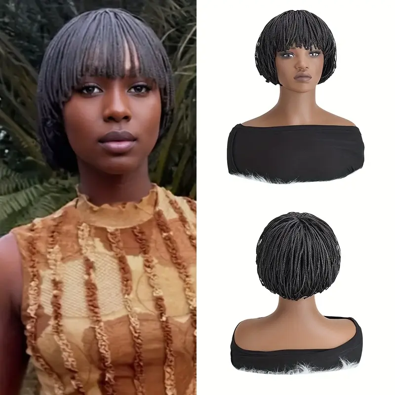 Summervibes 10 Inch Short Braided Bob Wig with Bangs, Heat  display picture 1