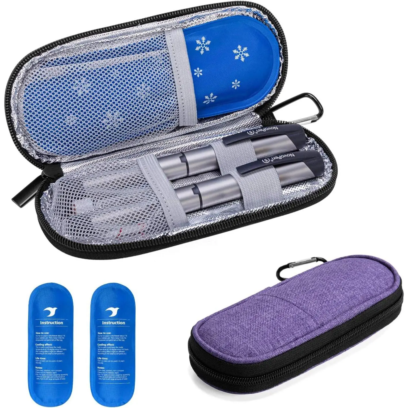 Insulin Travel Case with 2 x TSA Approved Ice Packs, Diabetic Supplies Organizer Cooling Bag for Insulin Pens, Syringes and Diabetes Testing Kit, Lightweight for Trip, Purple