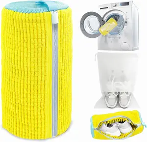 Foldable Reusable Mesh Shoe Laundry Bag for Washer and Dryer - Self-Locking Zipper, Microfiber Interior, Dirt Removal - Dog & Cat Grooming Bath Accessory for Sneakers, Tennis Shoes