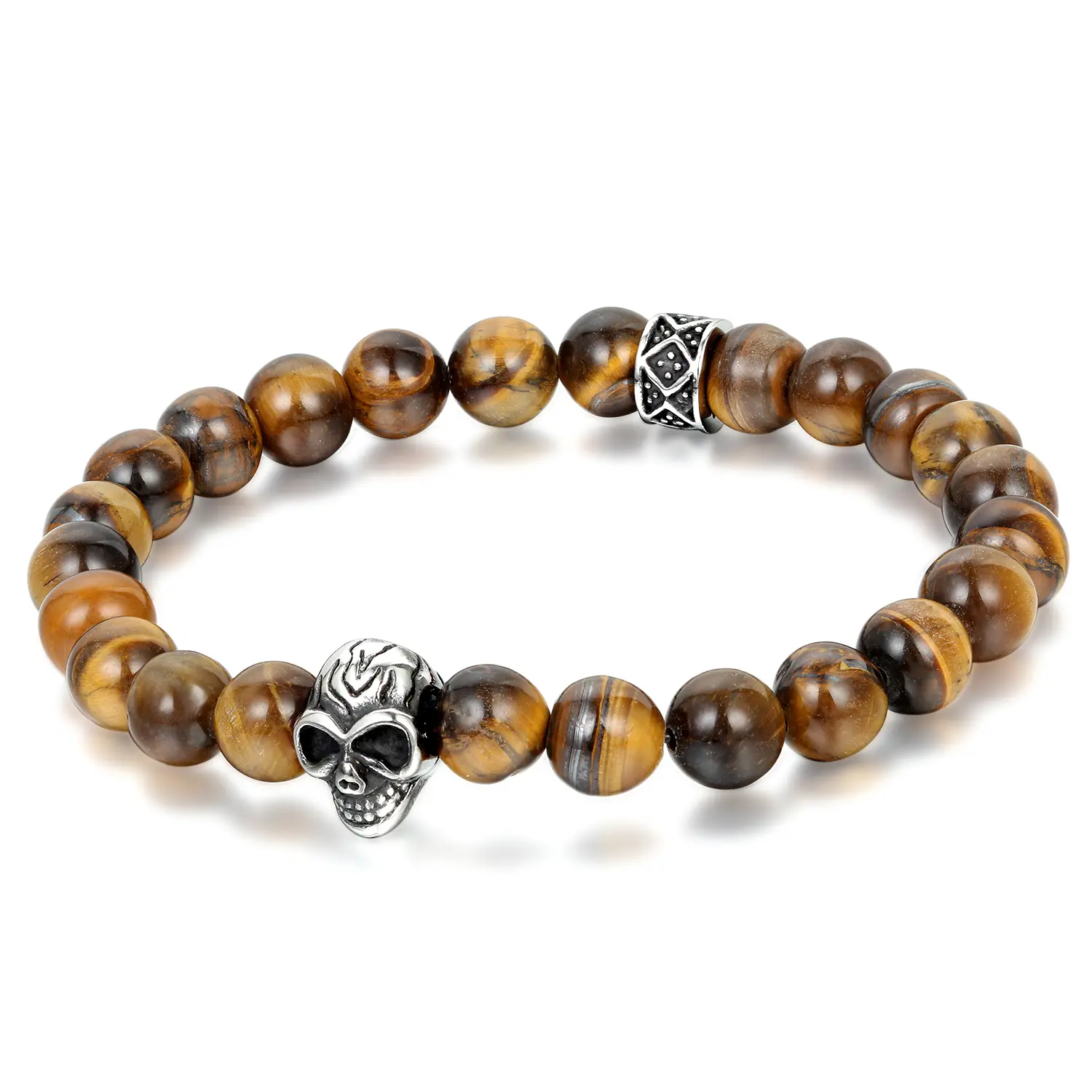 OIDEA Gothic 8mm Synthetic Elastic Stretch Bracelet - Unisex Adult Religious Costume Jewelry with Colorful Tiger's Eye, Golden Shimmer, Skeleton Skull Pendant, Buddha Charm, Skull Head Bead for Spiritual Yoga