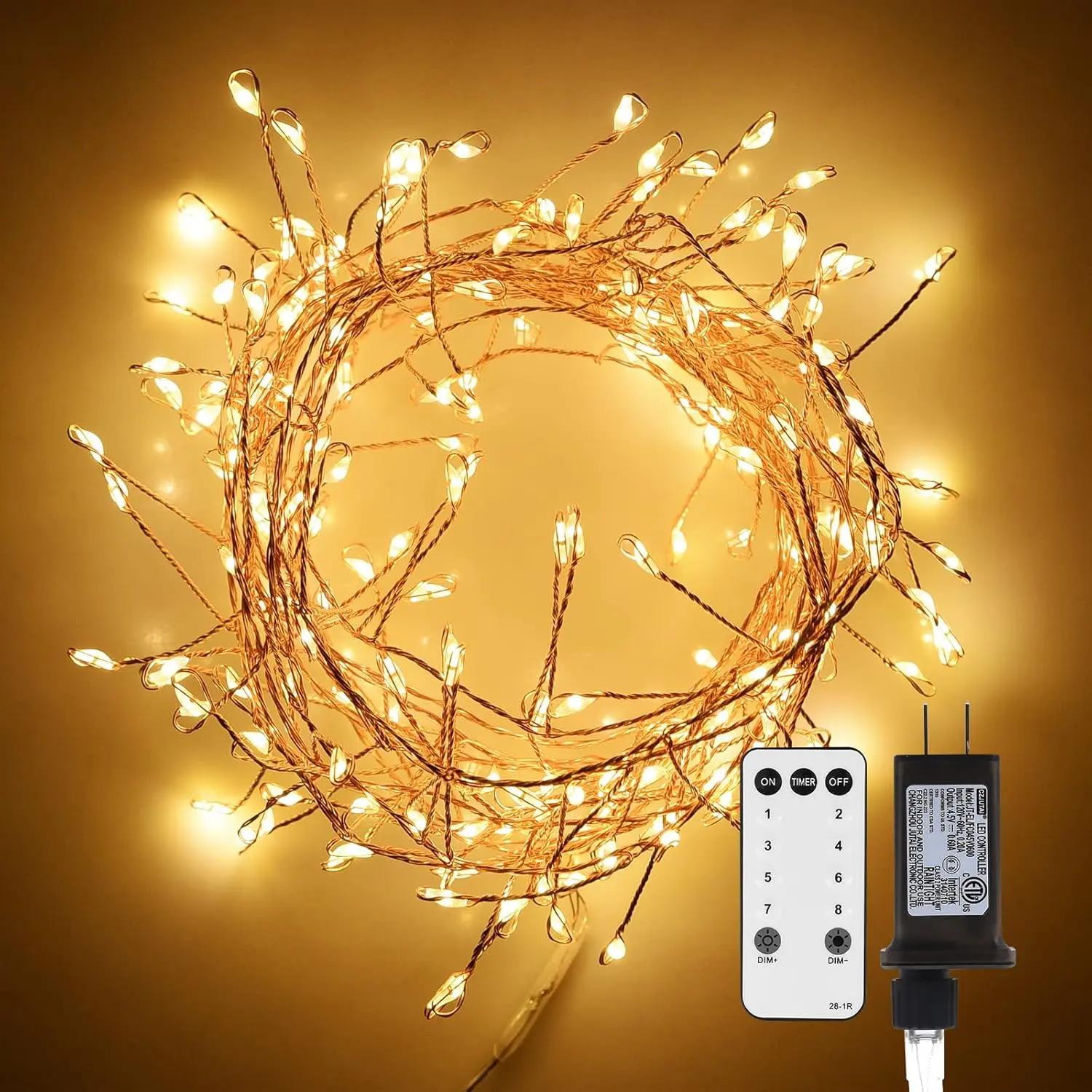 Fairy Lights Plug in, 200 Led Twinkle String Light with Remote 10Ft 8 Modes Warm Cluster Lights with Timer for Bedroom Wreath Party Window Wedding Christmas Tree Decoration Gold Wire