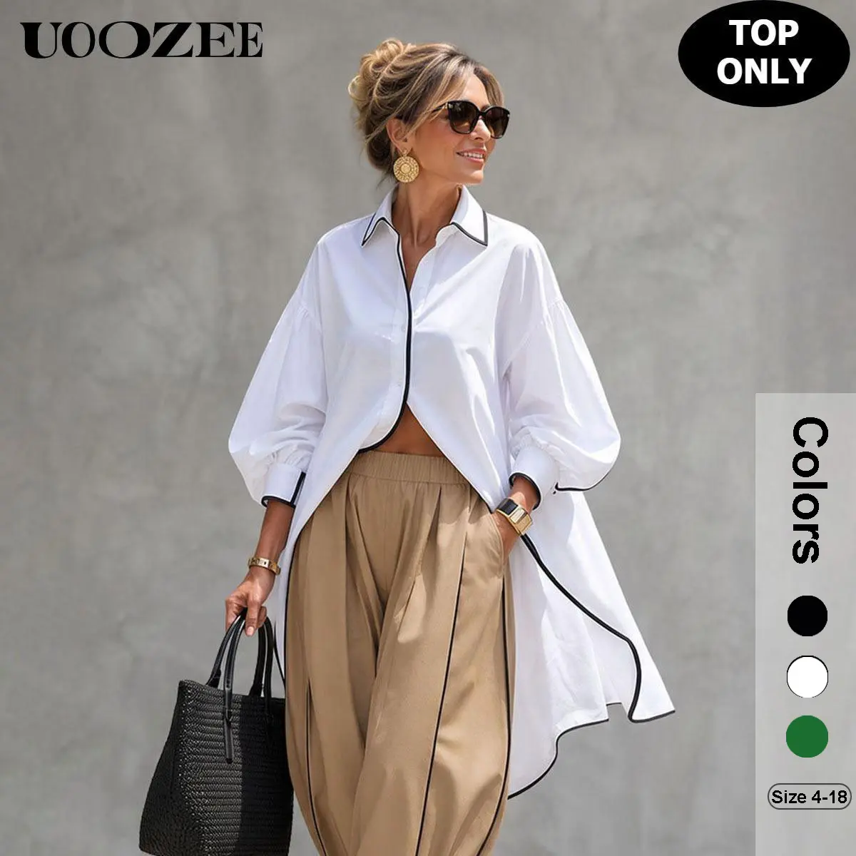 UOOZEE Women's 100% Polyester Fabric Basic Collared Long-Sleeve Button-Front Colorblock Piping Oversized High-Low Hem Loose Tunic Blouse - Smooth, Lightweight, Minimalist Casual White Tops for Women