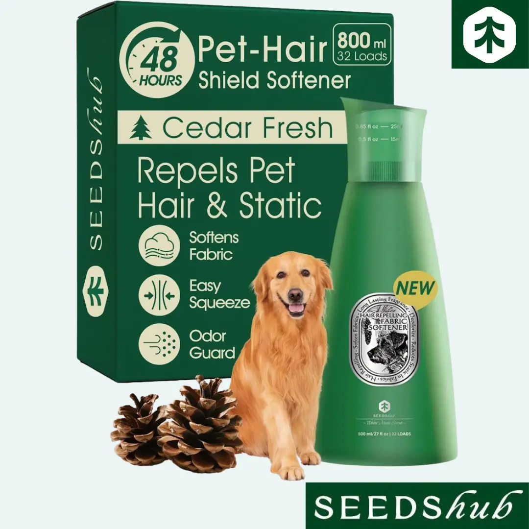 Seedshub Pet Hair Removal Laundry Detergent - Calming Cedar Scent, 27 fl oz (32 Loads), Plant-Based Enzymes, Bleach-Free, Odor Eliminator, Stain Remover, 90% Fur Removal, Stain Elimination, Extra Rinse Cycles, Everyday Use for Cat & Dog Owners