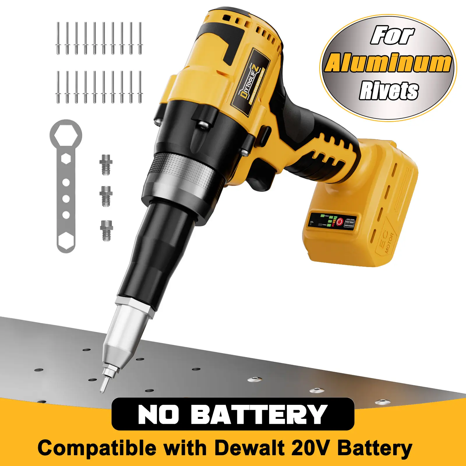Cordless Electric Pop Rivet Gun for Dewalt 20V Battery (NO Battery!!), 3 Size (1/8", 5/32", 3/16") Aluminum Rivets, with Kit Nose Piece Hardware Tools