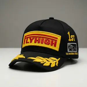 Mens Black Racing Style Podium Cap with Embroidered Laurel Brim, Adjustable Snapback Baseball Hat
