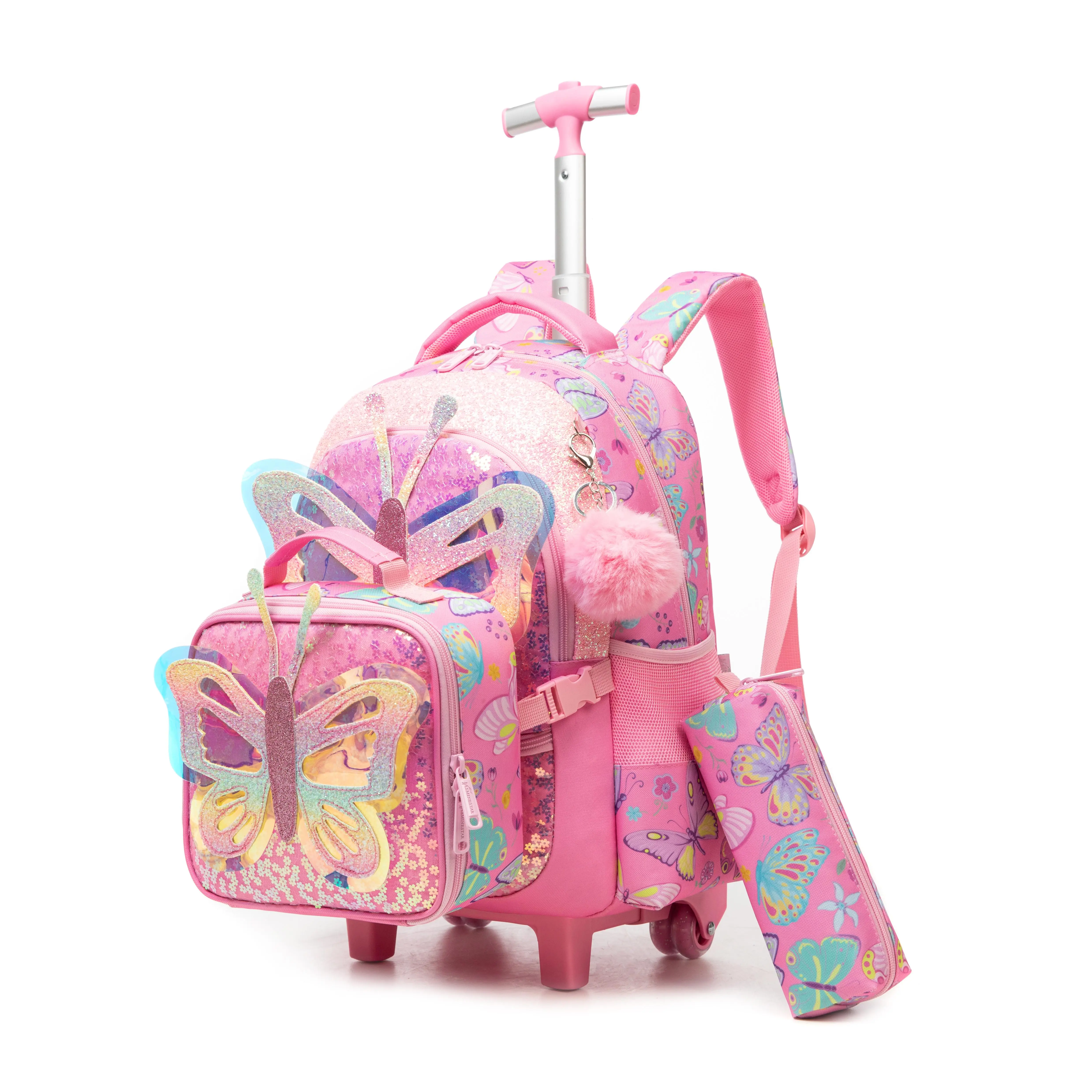 Cute Butterfly Glitter Rolling Backpack Set for Girls | 3-in-1 Backpack + Lunch Bag + Pencil Pouch | Sweet Design | Back to School Essentials aesthetic bookbag