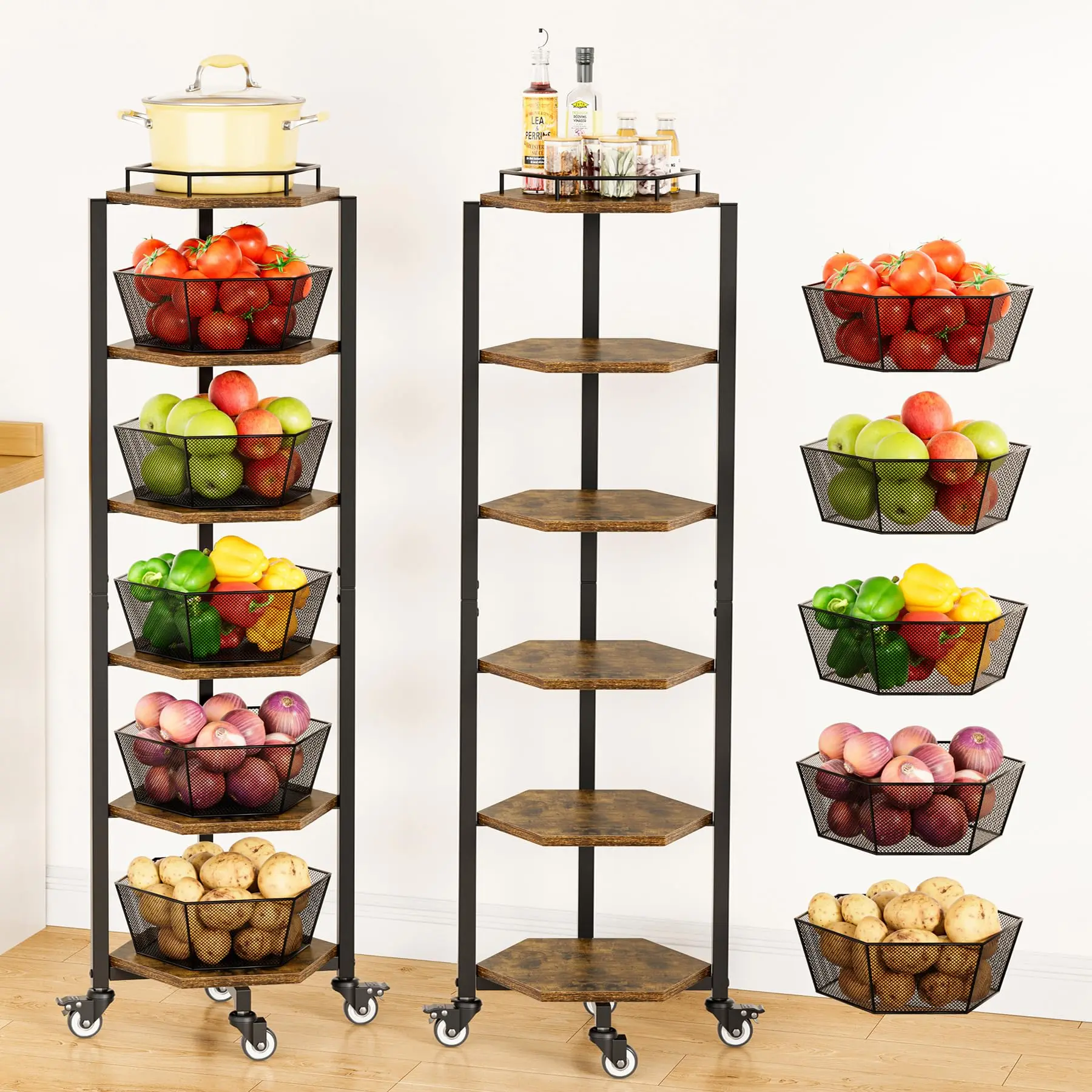 POZILAN5-Tier Rolling Fruit and Vegetable Basket with Wood Top, Heavy Duty Metal Mesh Kitchen Storage Cart Organizer for Produce, Onions, Potatoes