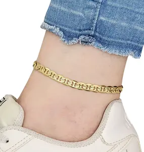 BA UNIQUE FASHION Gold Electroplated 5.5mm Concave Textured Mariner Chain Ankle Bracelet Petite to Plus Size - 14K Gold Electroplated, Durable Design, Casual Accessory