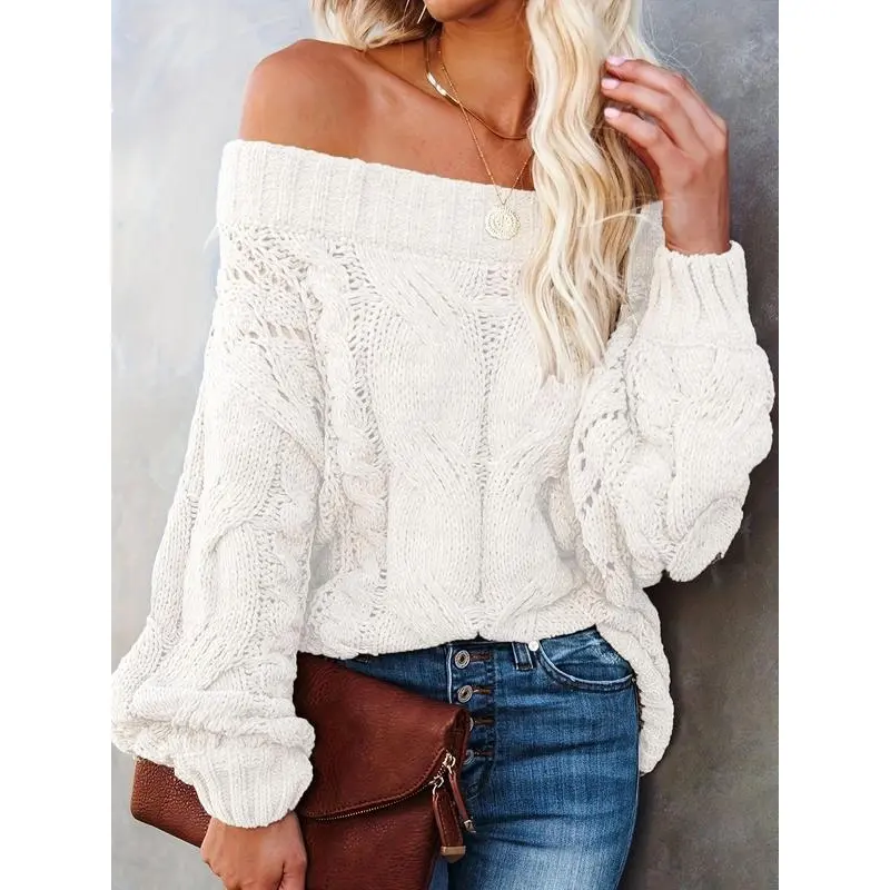 Women's Plain Textured Off-Neck Long-Sleeve Knitted Pullover - Loose-Fitting Drop Shoulder Polyester Jumper, Casual Women's Knitwear for Daily Wear, Basic Black Minimalist Top, Knitted Women's Pullovers