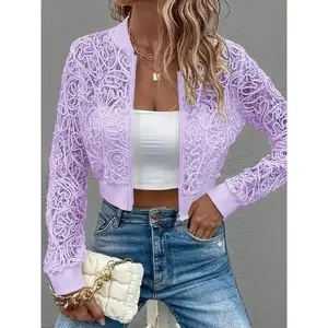 Elegant women’s short lace-patch zip-up jacket, a comfortable casual piece, perfect for vacation styling; vest not included.
