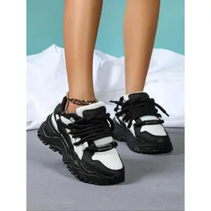 Fashionable Colorblock Lace Up Platform Sneakers, Casual Comfortable Sports Running Shoes, Female All-match Round Toe Chunky Sneakers for Daily Wear