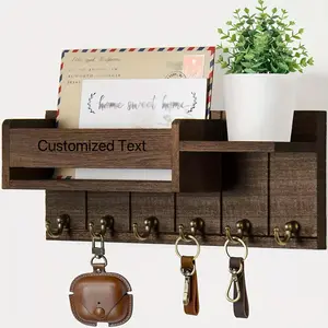 Custom Wooden 12.19 Wall-Mounted Key Holder - Mail Organizer And Key Rack with Tray, in Dark Brown/Black Color, Suitable for Hallway/Kitchen/Bedroom/Study/Cottage Decor, Living Room Decoration, Wall Key Hooks