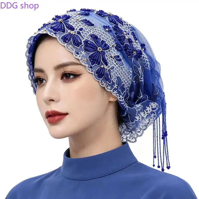 Women's Soft Knit Yarn Turban Hat - Handmade Beaded Fringed Boutique Headscarf, Women's Fashion Head Wrap, Versatile Sports Headband for Casual Parties & Daily Outfits