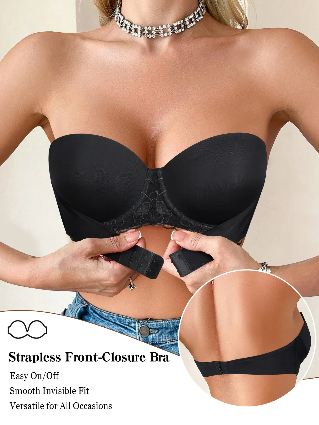 Ecomilky 1PCS smooth, seamless strapless bra with front hook closure, floral lace panel, removable clear invisible straps, adjustable custom fit, breathable push-up comfort bra, lingerie for curvy women with large busts, suitable for daily wear, weddings,