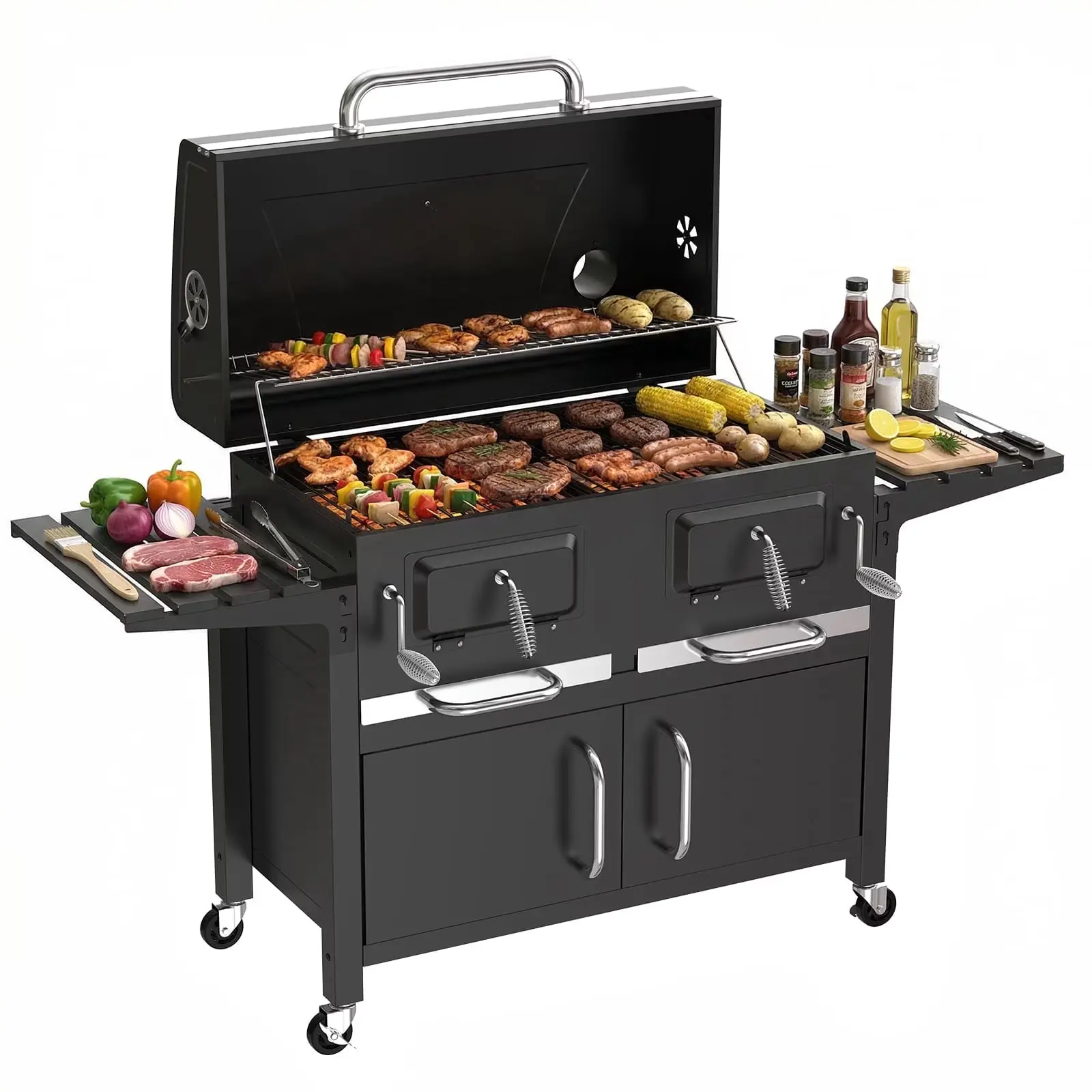 Extra Large Charcoal Grill with Dual Adjustable Charcoal Trays, 3 Enamel Cooking Grates, Chrome Warming Rack, 4 Wheels & Foldable Side Tables, Outdoor BBQ Smoker