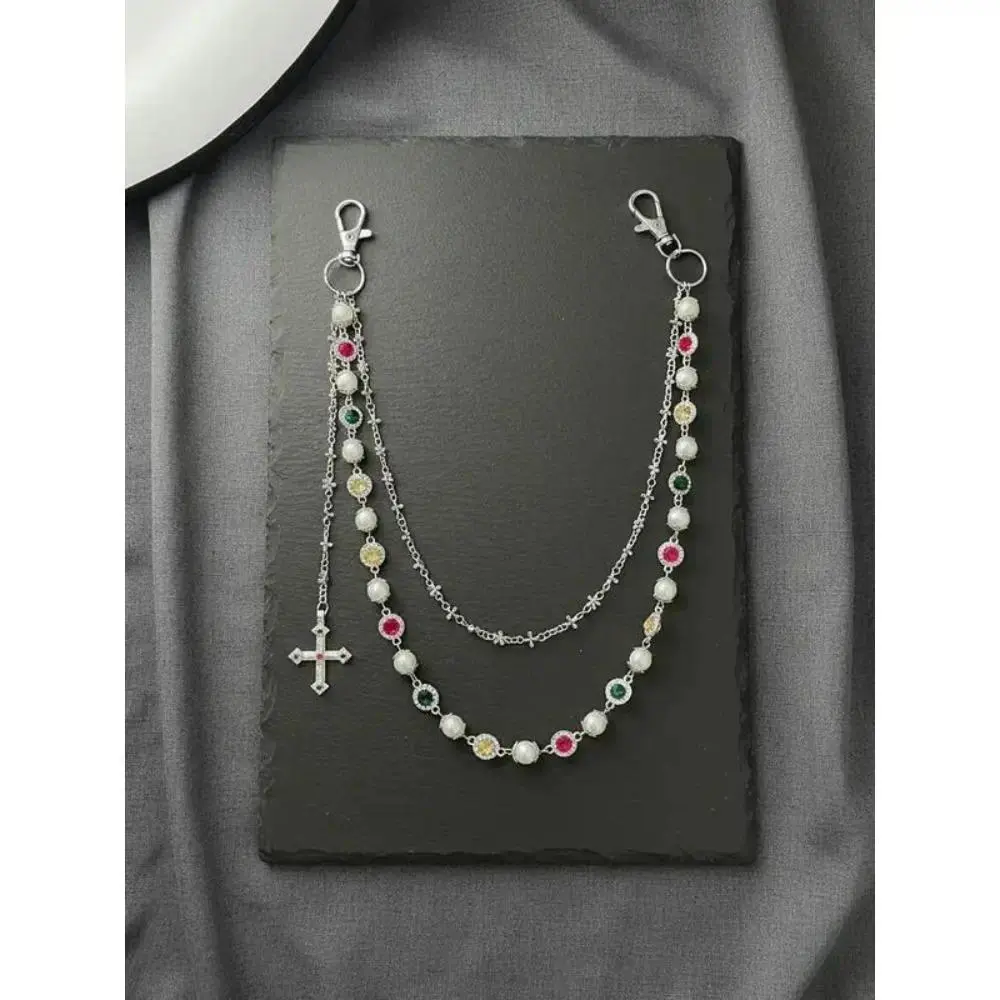 Men's High-End Palace-Inspired Imitation Pearl-Crystal Chain Belt, Diamond-Embellished Fashion Accessory for Jeans, Parties, Belts, Luxurious Chain, Waist Chains
