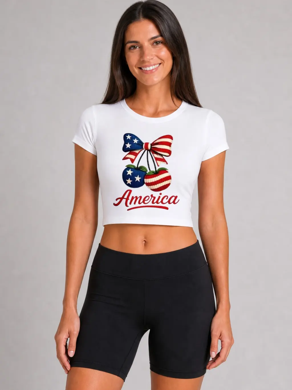 Women’s American Flag Cherry Crop Top | Patriotic Cherry Graphic Tee | Y2K Slim Fit Short Sleeve Shirt | Cute Summer Streetwear Top