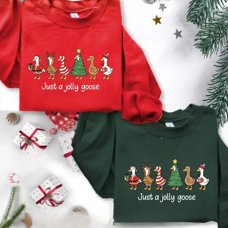 Just A Jolly Goose Christmas Sweatshirt, Funny Christmas Goose Crewneck, Cute Festive Holiday Graphic Hoodie, Retro Christmas Animal Outfit, Cozy Winter Aesthetic Apparel, Funny Xmas Gift for Women and Men - HUNTWEAR SHOP