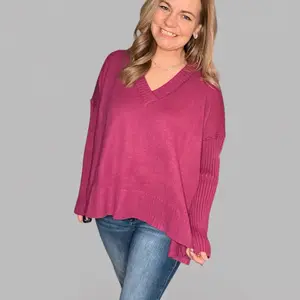Plumery Plum Sweater Top - Plain Winter Style with Ribbed Sleeves and Hem