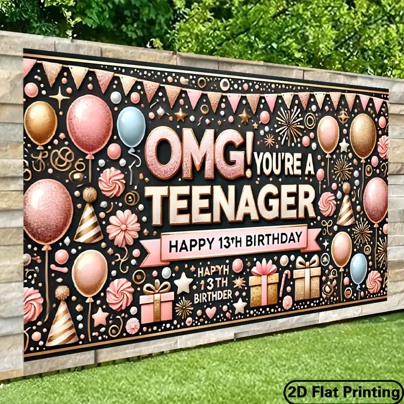 1pc 2D Flat "OMG! You're a Teenager" 13th Birthday Party Banner - 243.84x182.88cm Durable Soft Stain-Resistant Multi-Color Polyester Backdrop, Glam Flower-Printing Design with Balloons, Confetti, Stars for Indoor Home Celebrations, Flowers, Indoors
