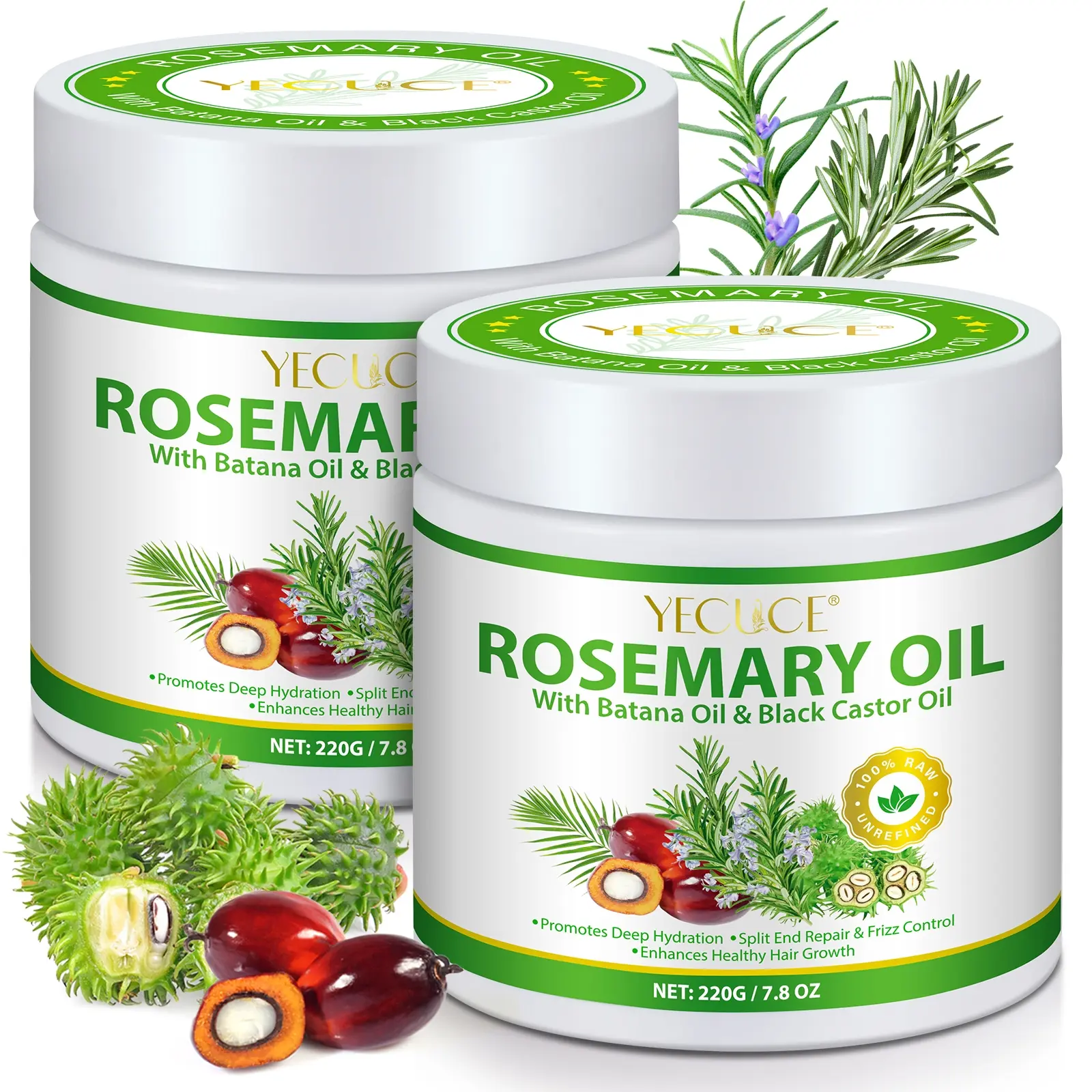 YECUCE Solid Rosemary & Black castor & Batana Oil 220g /2 bottles, suitable for dry, damaged, split and easily tangled hair, making hair look shimmering and less prone to tangling, daily hair conditioner, nourishing hair treatment, Haircare Repair