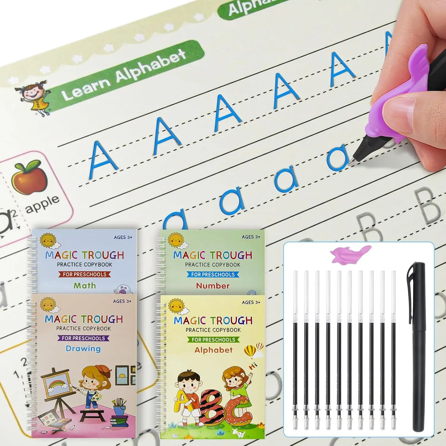 4 PCS Magic Practice Copybooks for Kids Ages 3-8, Reusable Handwriting Workbooks with Disappearing Ink Pens – Includes Alphabet, Numbers, Math & More, Plus 1 Pen, 1 Pen Grip & 10 Refills